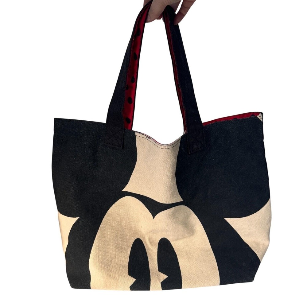 Disney Mickey Minnie Mouse Canvas Tote Bag Black White Red Polka Dot Lining